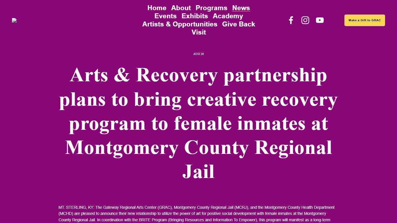 Arts & Recovery partnership plans to bring creative recovery program to female inmates at Montgomery County Regional Jail — Gateway Regional Arts Center