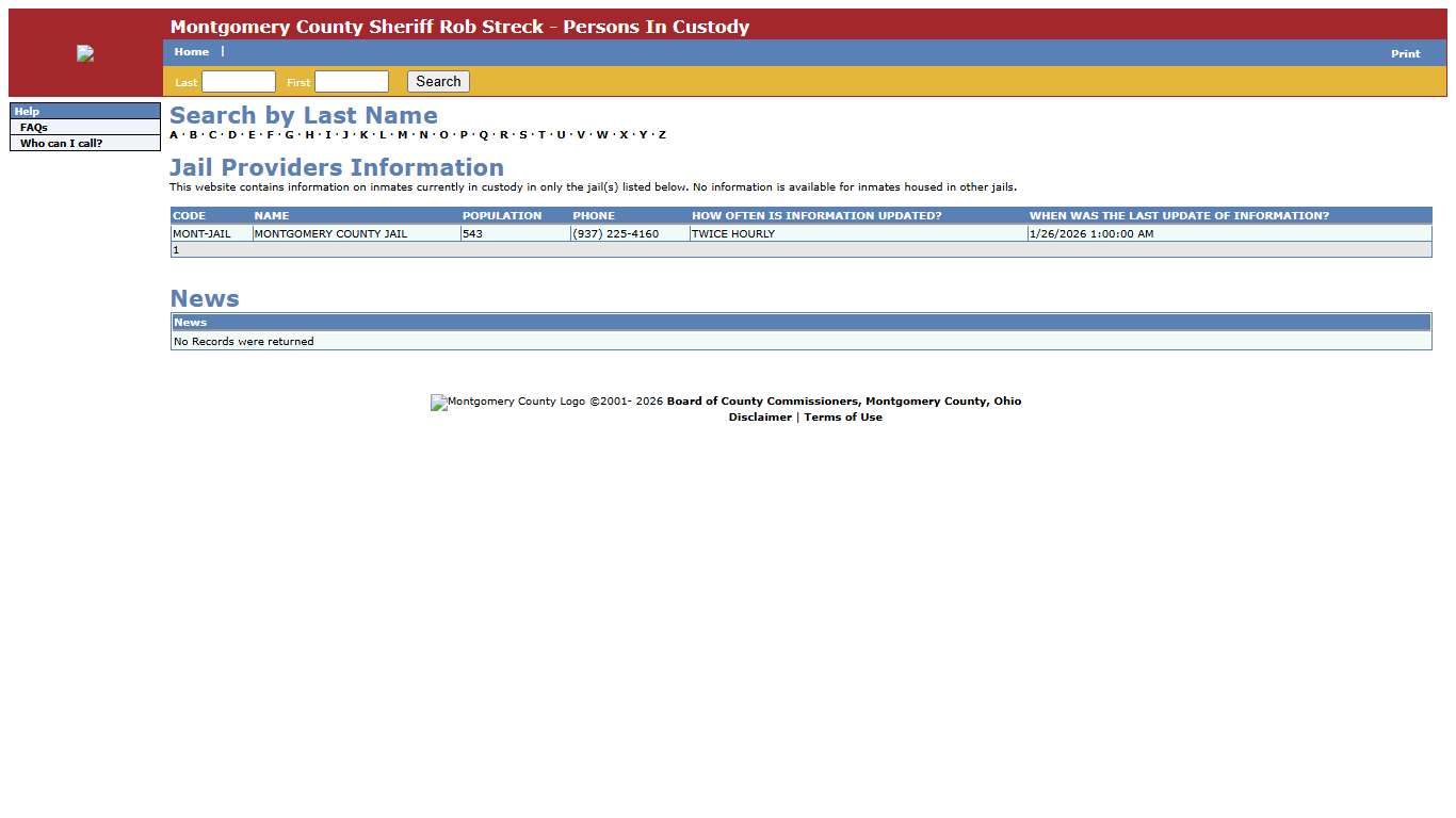 Montgomery County Sheriff Rob Streck - Persons In Custody